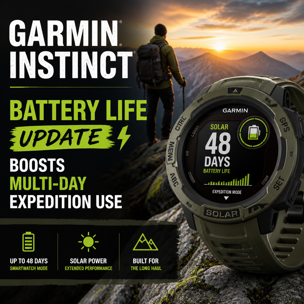 Garmin Instinct Solar watch ad showing 48-day battery life, solar charging, and rugged expedition-ready design